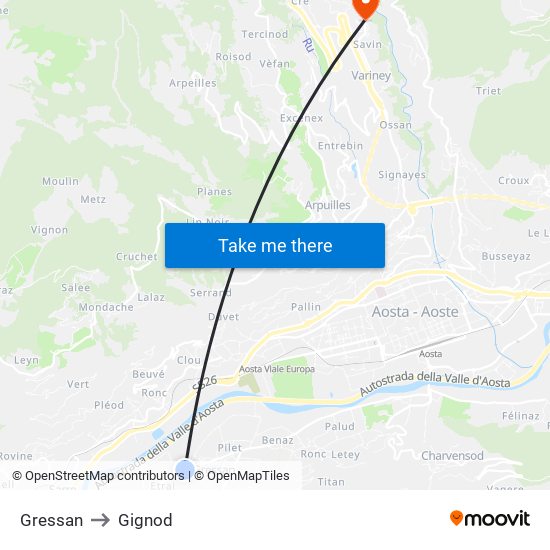 Gressan to Gignod map