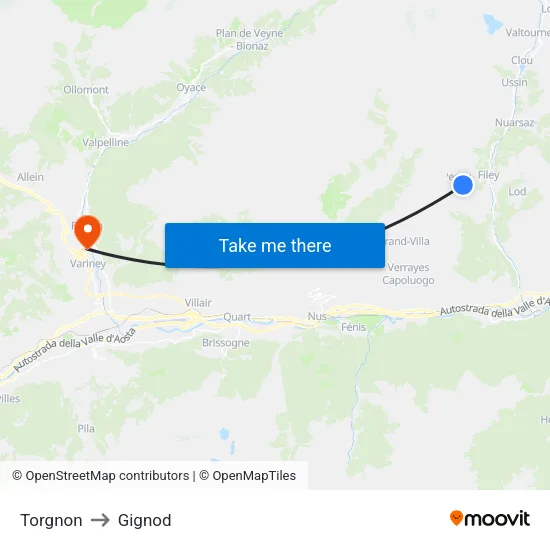 Torgnon to Gignod map
