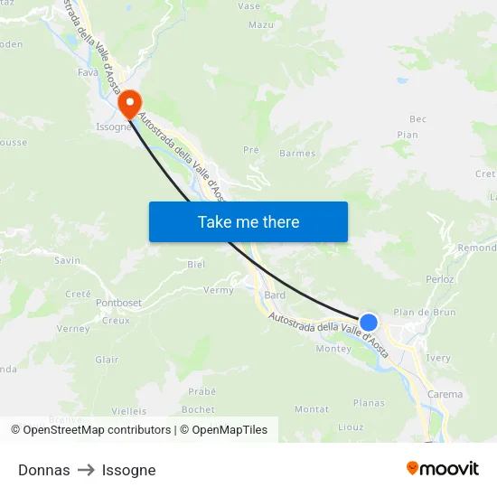 Donnas to Issogne map
