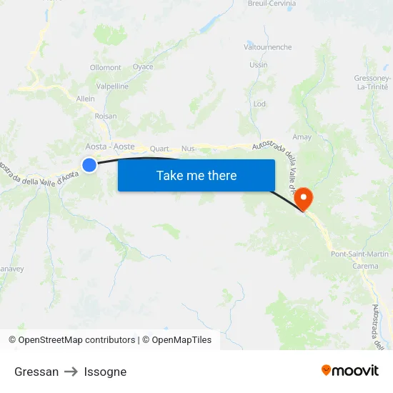 Gressan to Issogne map