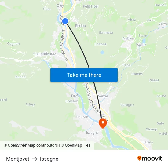 Montjovet to Issogne map