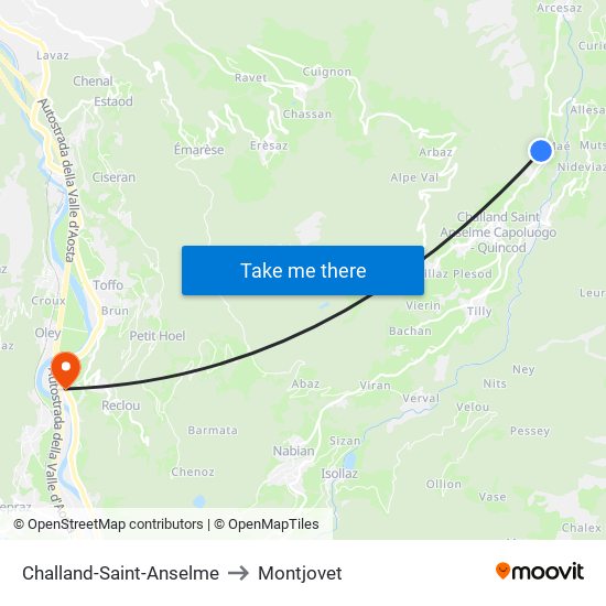 Challand-Saint-Anselme to Montjovet map