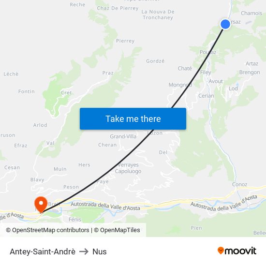 Antey-Saint-Andrè to Nus map