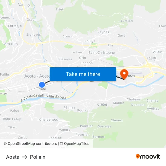 Aosta to Pollein map