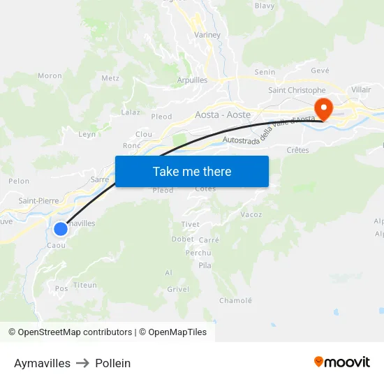 Aymavilles to Pollein map