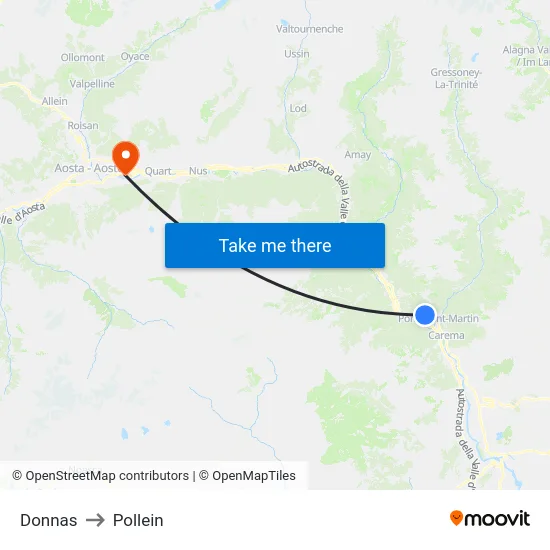 Donnas to Pollein map