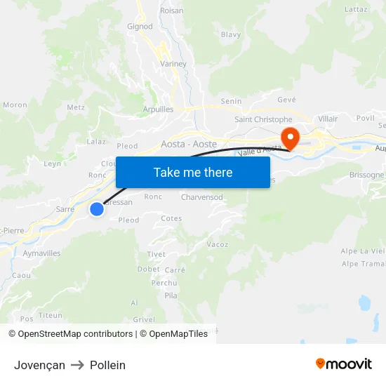Jovençan to Pollein map