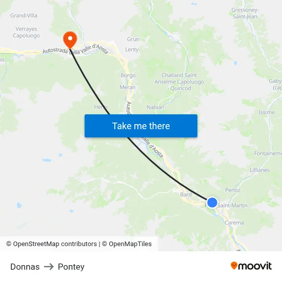 Donnas to Pontey map