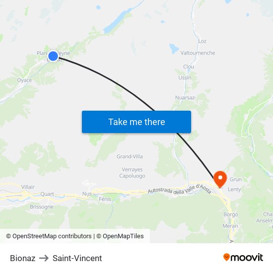 Bionaz to Saint-Vincent map