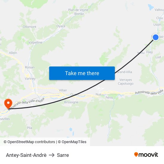 Antey-Saint-Andrè to Sarre map