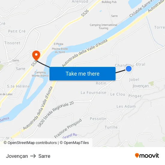 Jovençan to Sarre map