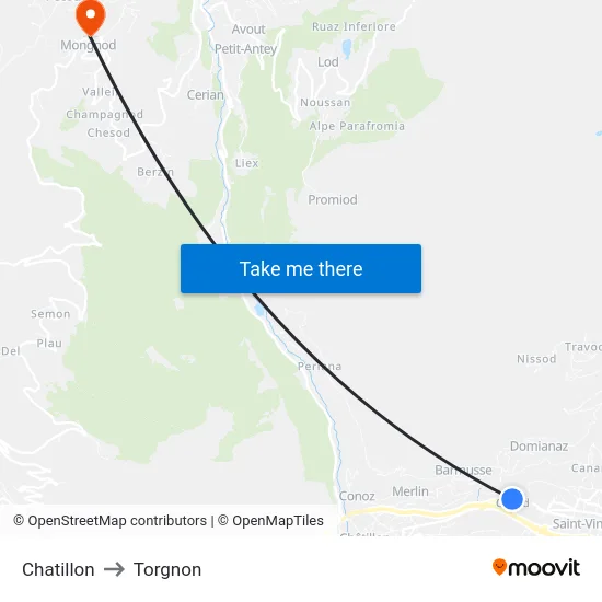 Chatillon to Torgnon map