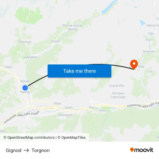 Gignod to Torgnon map