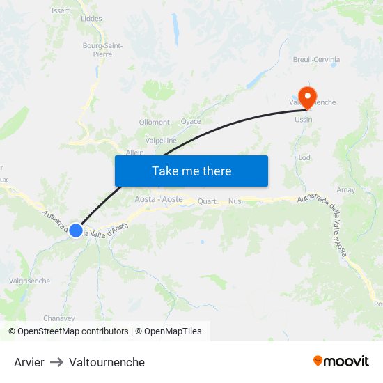 Arvier to Valtournenche map