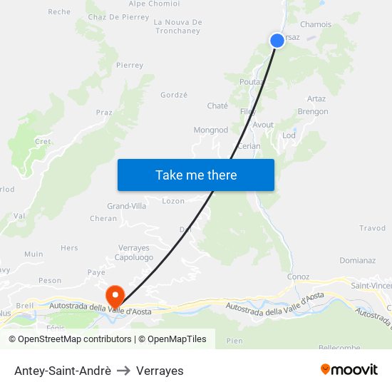 Antey-Saint-Andrè to Verrayes map