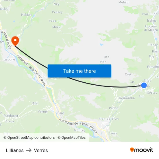 Lillianes to Verrès map