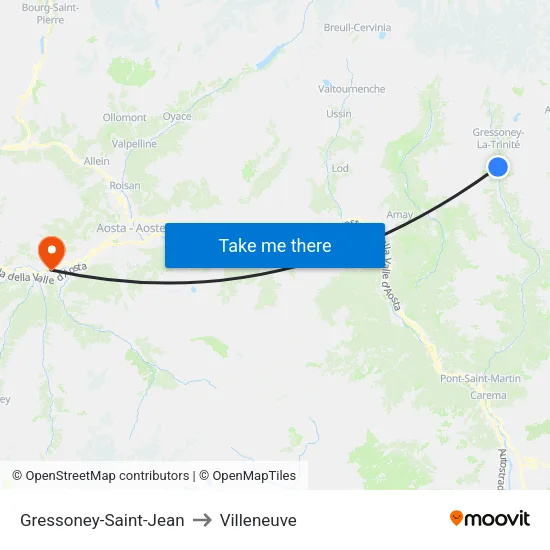 Gressoney-Saint-Jean to Villeneuve map