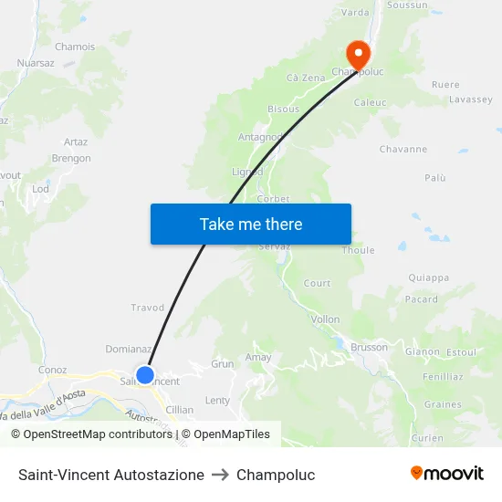 Saint-Vincent Bus Station to Champoluc map