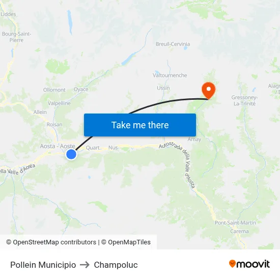 Pollein Town Hall to Champoluc map