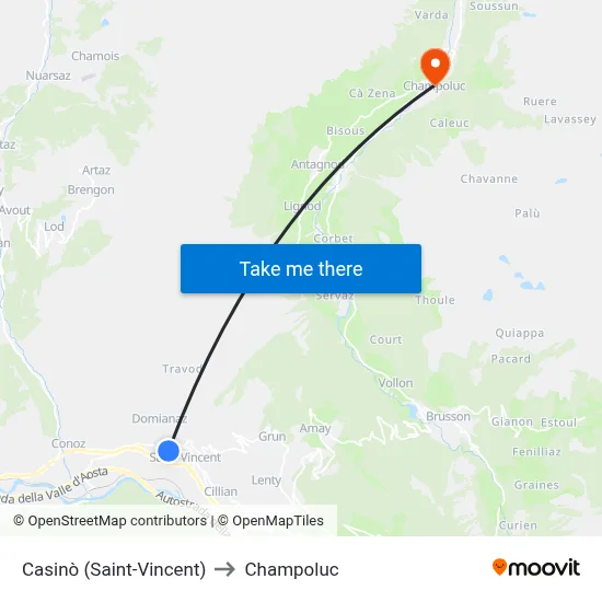Casino (Saint-Vincent) to Champoluc map