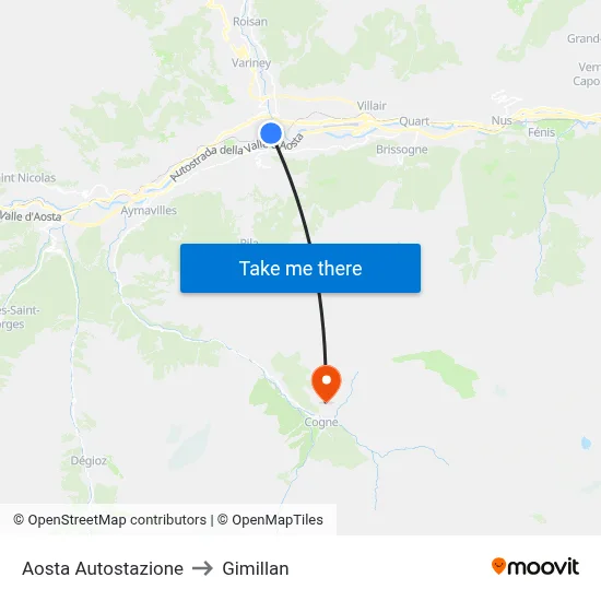 Aosta Bus Station to Gimillan map