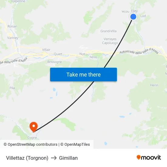 Villettaz (Torgnon) to Gimillan map