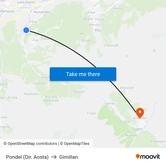 Pondel (Aosta Direction) to Gimillan map
