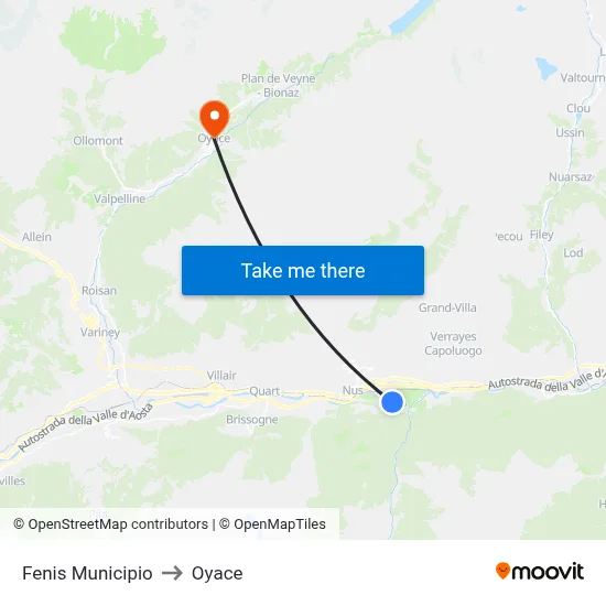 Fenis Town Hall to Oyace map