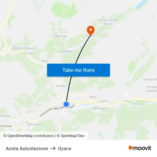 Aosta Bus Station to Oyace map