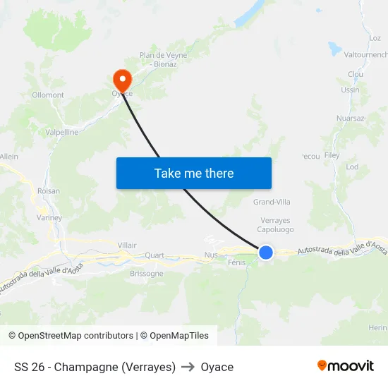 Highway 26 - Champagne (Verrayes) to Oyace map