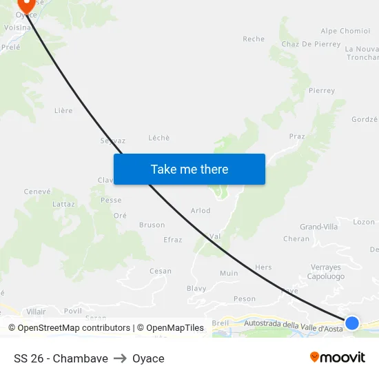 Highway 26 - Chambave to Oyace map
