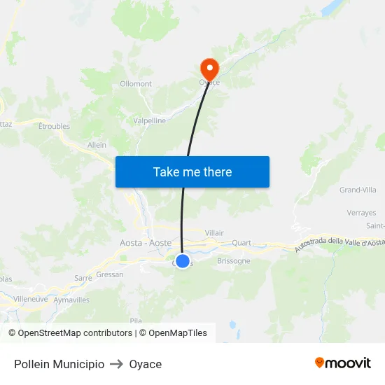 Pollein Town Hall to Oyace map