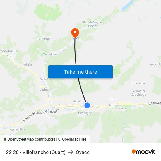 Highway 26 - Villefranche (Quart) to Oyace map
