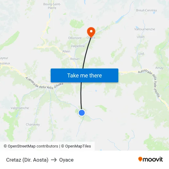 Cretaz (Aosta Direction) to Oyace map