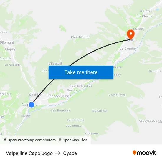 Valpelline Town Center to Oyace map
