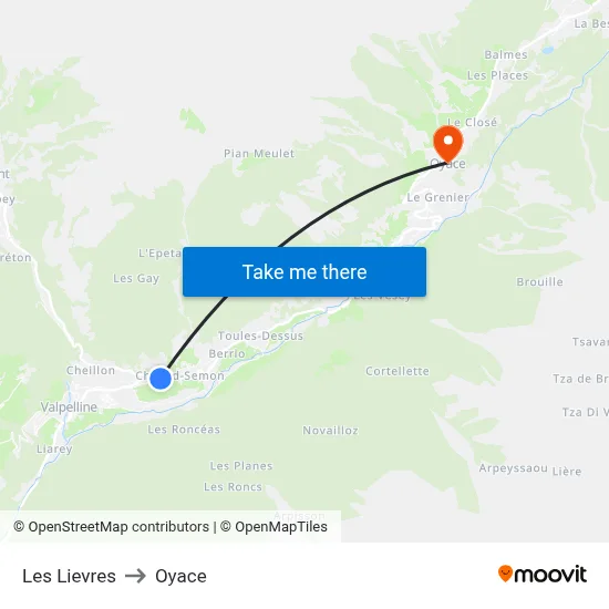 Les Lievres to Oyace map