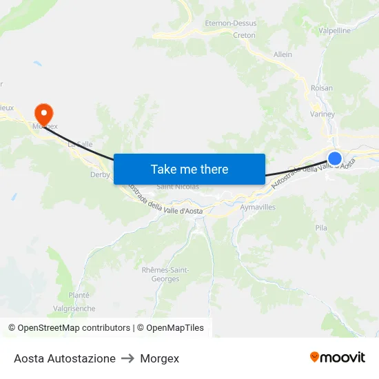 Aosta Bus Station to Morgex map