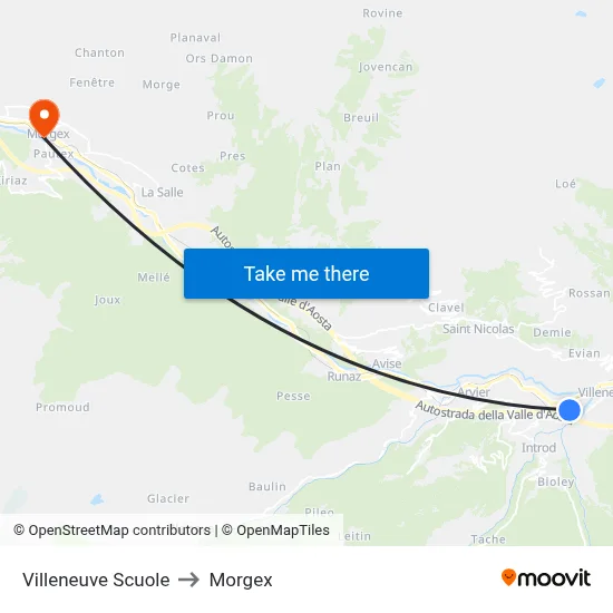 Villeneuve Schools to Morgex map