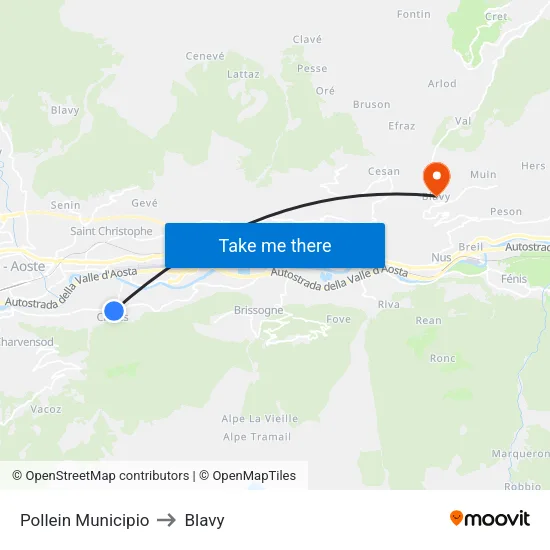 Pollein Town Hall to Blavy map