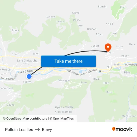 Pollein Les Iles to Blavy map