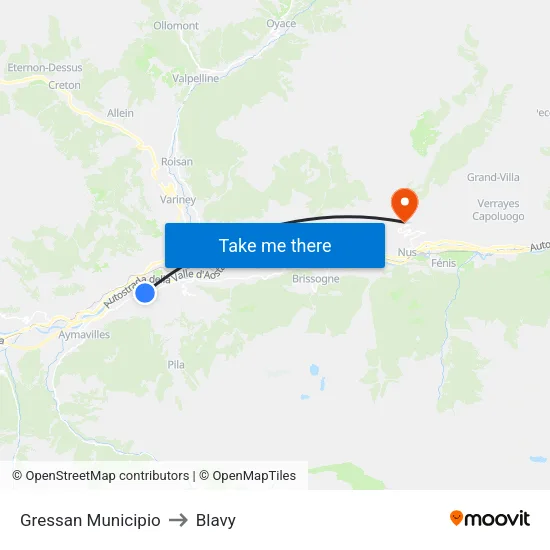 Gressan Town Hall to Blavy map