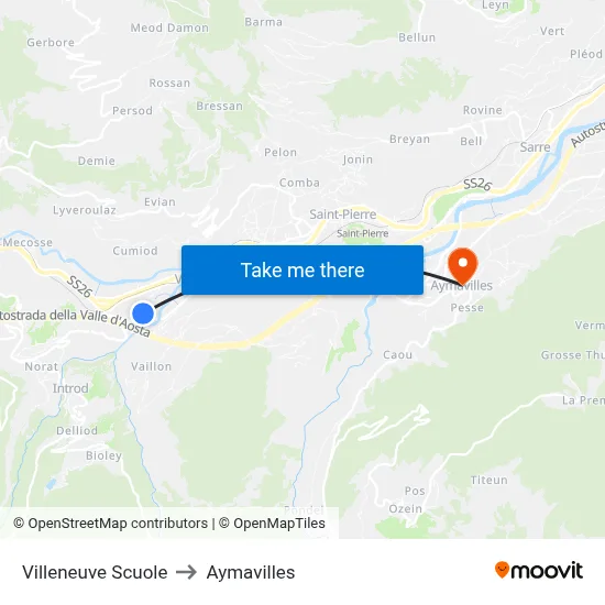 Villeneuve Schools to Aymavilles map