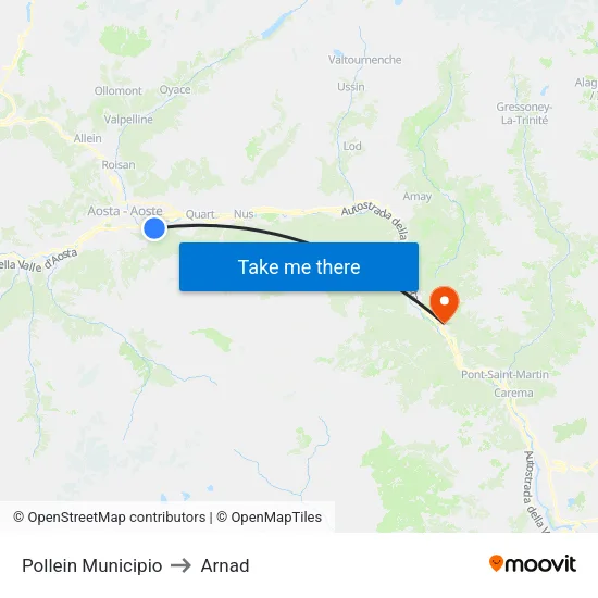 Pollein Town Hall to Arnad map