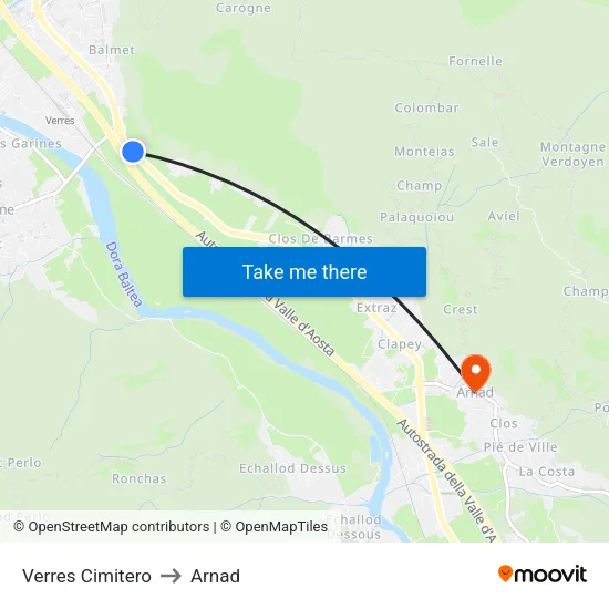 Verres Cemetery to Arnad map