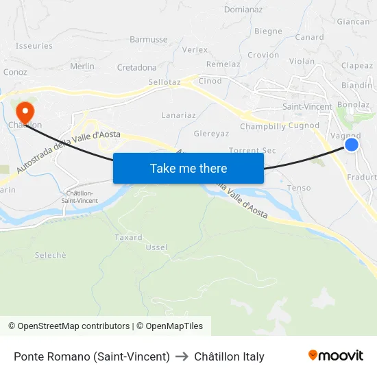 Ponte Romano (Saint-Vincent) to Châtillon Italy map