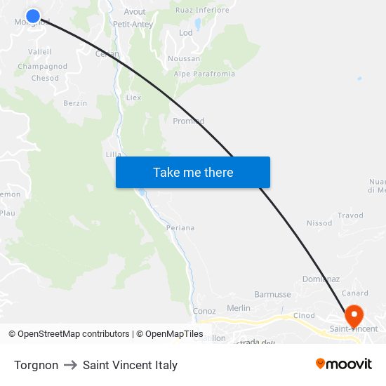 Torgnon to Saint Vincent Italy map