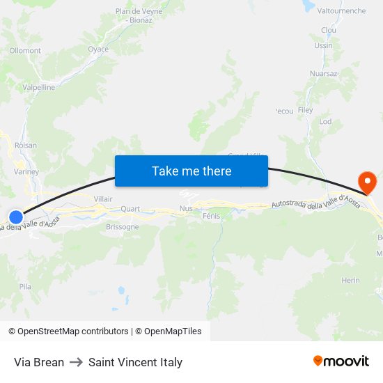 Via Brean to Saint Vincent Italy map