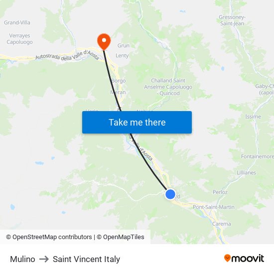 Mulino to Saint Vincent Italy map