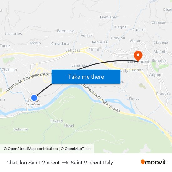 Châtillon-Saint-Vincent to Saint Vincent Italy map