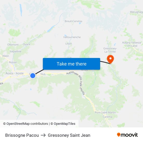 Brissogne Pacou to Gressoney Saint Jean map